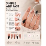 Nude Black French Tip Press‑On Nails, Long Almond Nails with Polka Dots, Rhinestones & Pearls, Luxury False Nails